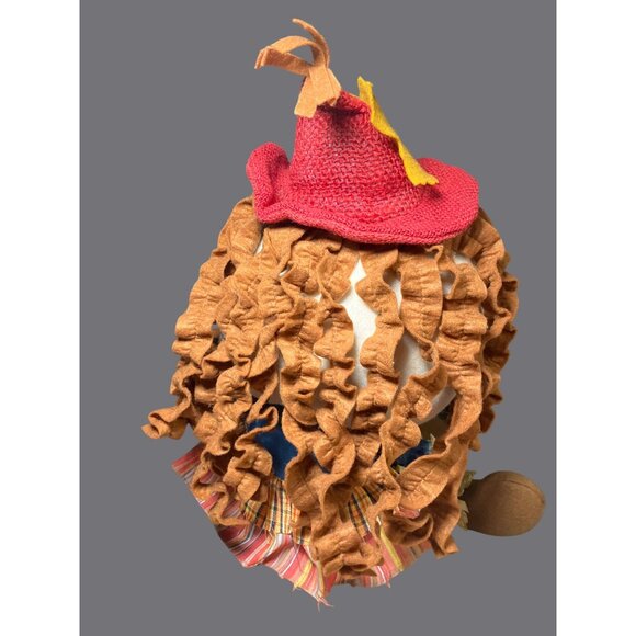 Handmade Scarecrow Plush Doll Shelf Sitter With Red Hat & Plaid Skirt Fall Decor - Picture 6 of 10